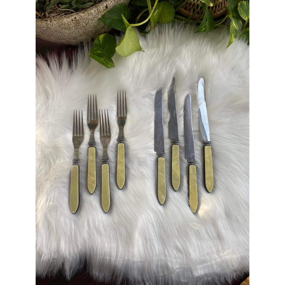 Silverware Set Vintage, Stainless Steel Fork and Knife Mother of pearl Handles